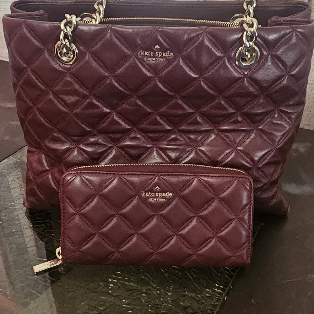 Kate Spade Quilted Burgundy Tote and Wallet Set